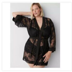 Cacique Robe Womens 14 / 16 Sheer Black Lace Long Sleeve Belted Floral